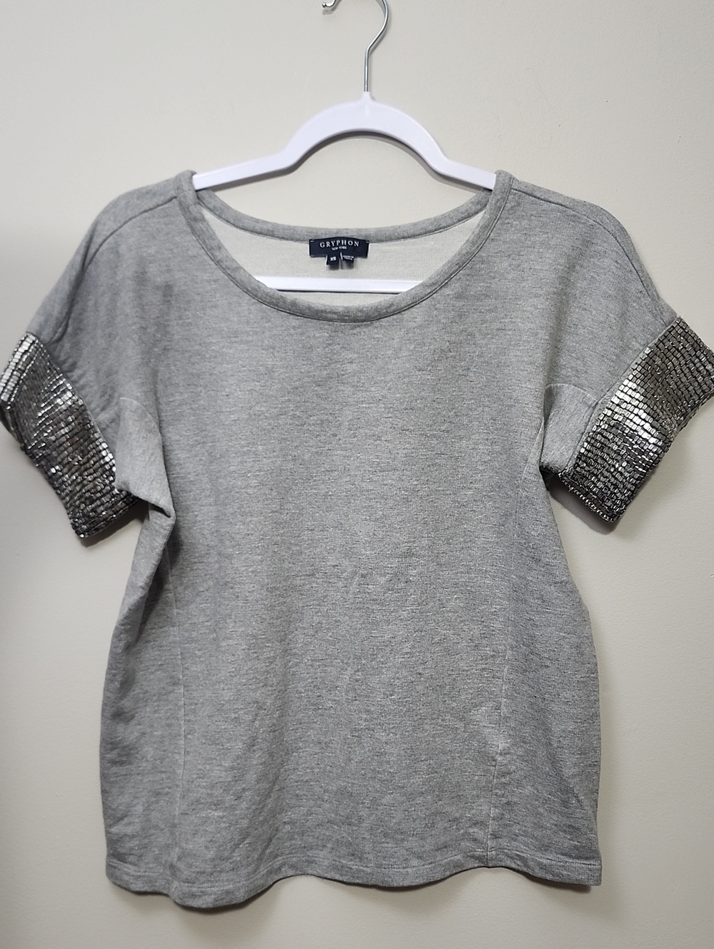 Gryphon New York Gray Sleeve Sweatshirt SS XS Metallic Glam Statement Avant Gard